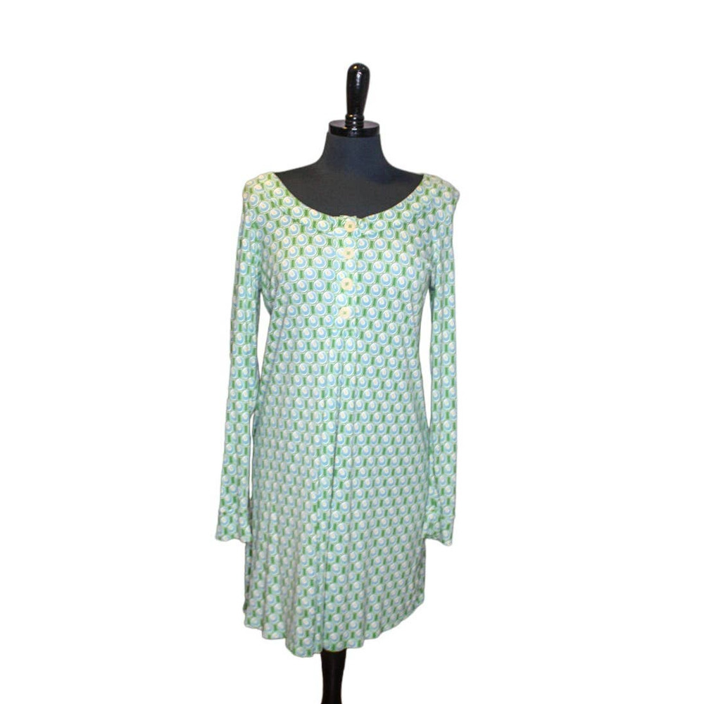 Boden Long Sleeve Dress Modal Scoop Neck Graphic Print Green Blue Tan Wh…